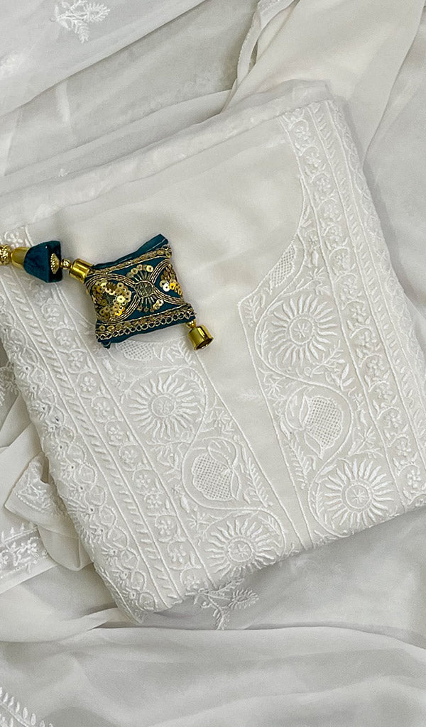 Women's Lakhnavi Handcrafted Pure Silk Georgette Chikankari Kurta  And Dupatta Set- HONC0107197