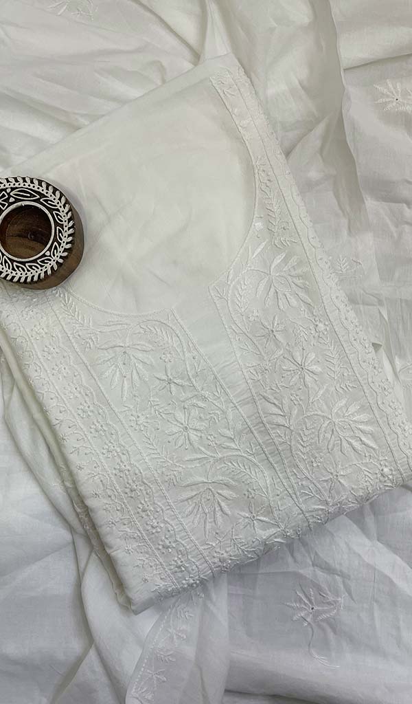 Women's Lakhnavi Handcrafted Mul Cotton Chikankari Kurta Dupatta Set - HONC0112238