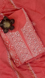 Load image into Gallery viewer, Women&#39;s Lakhnavi Handcrafted Mul Chanderi Silk Chikankari Kurta Dupatta Set- HONC0108354