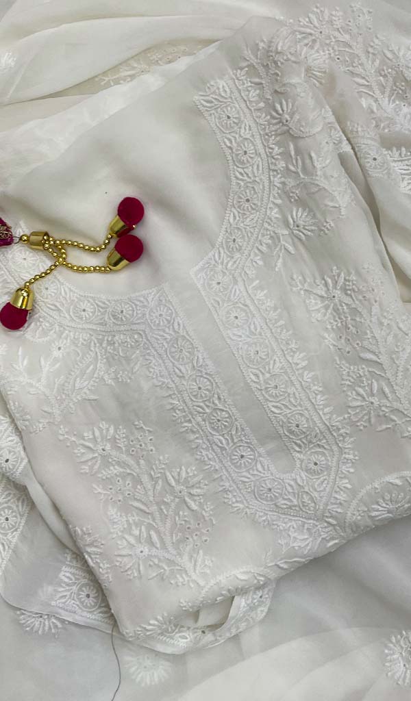 Women's Lakhnavi Handcrafted Pure Silk Georgette Chikankari Kurta  And Dupatta Set- HONC0129885
