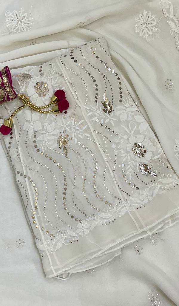 Lucknowi 手工纯丝乔其纱 Chikankari Anarkali 和 Dupatta 套装 - HONC0106396