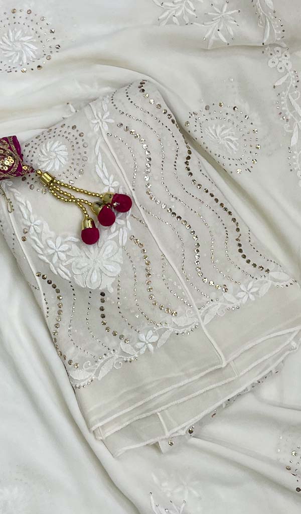Women's Lucknowi Handcrafted Pure Silk Georgette Chikankari Anarkali And Dupatta Set- HONC0101448