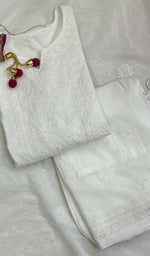 将图像加载到图库查看器中， Lakhnavi 手工制作的棉质 Chikankari Kurta 和 Sharara 套装带杜帕塔 - HONC0115738