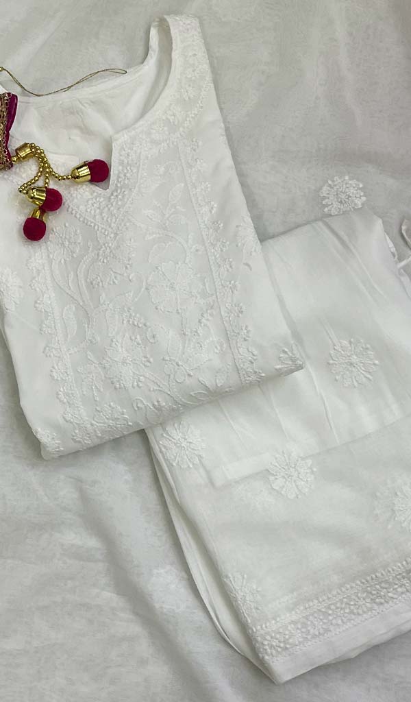 Lakhnavi 手工制作的棉质 Chikankari Kurta 和 Sharara 套装带杜帕塔 - HONC0115738