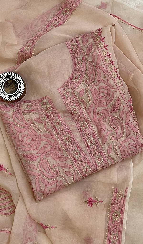 Women's Lakhnavi Handcrafted Pure Organza Chikankari Unstitched Kurta And Dupatta  Set - HONC0104190