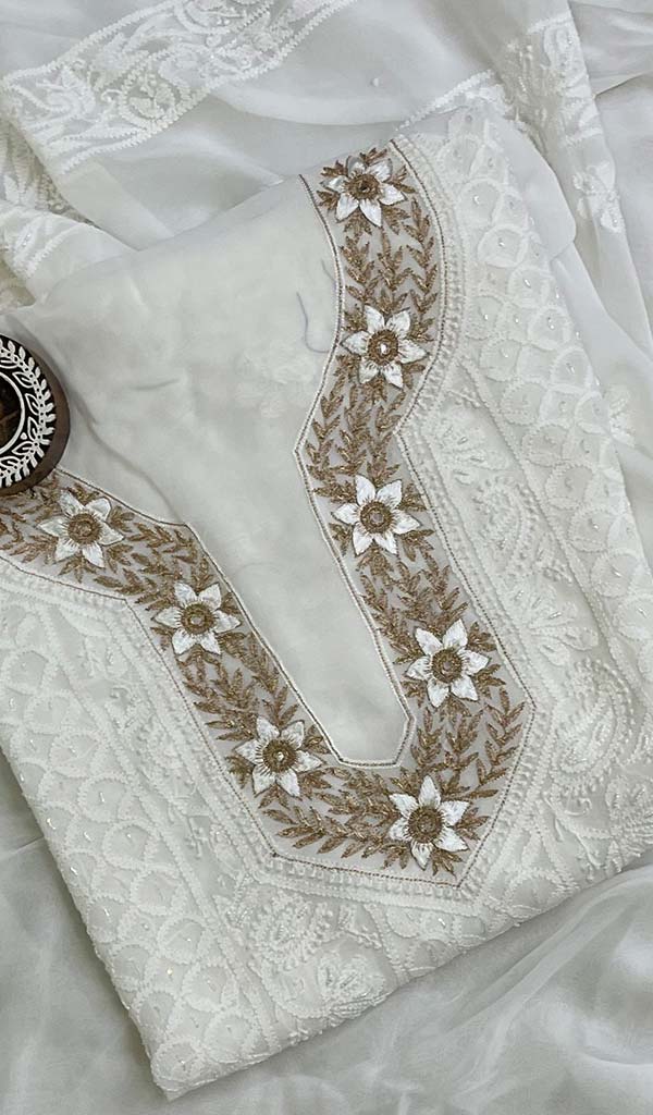 Women's Lucknowi Handcrafted Viscose Georgette Chikankari Suit Material - Honc0107135