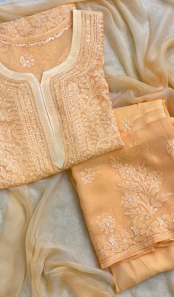 Women's Lucknowi Handcrafted Viscose Georgette Chikankari Kurta Gharara And Chiffon Dupattaset  - HONC054102