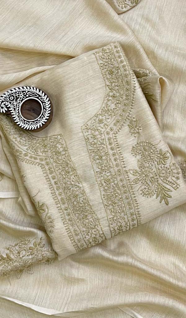 Lakhnavi 手工 Munga 丝绸 Chikankari Kurta Dupatta 套装 - Honc0126707