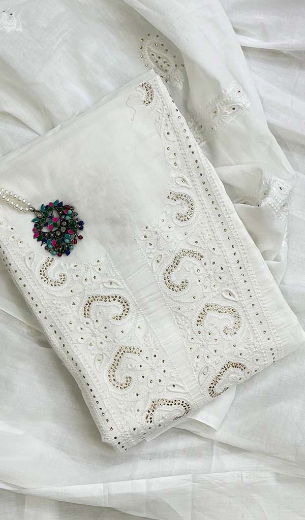 Lakhnavi 手工制作的棉质 Chikankari Kurta 和 Dupatta 套装 - Nc0465730