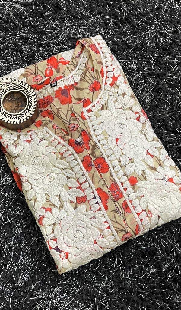 Women's Lucknowi Printed Handcrafted Cotton Chikankari Kurti - HONC0130532
