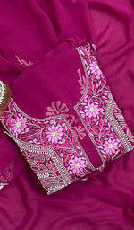 将图像加载到图库查看器中， Lucknowi 手工制作的人造乔其纱 Chikankari 西装材料 - Honc0107084