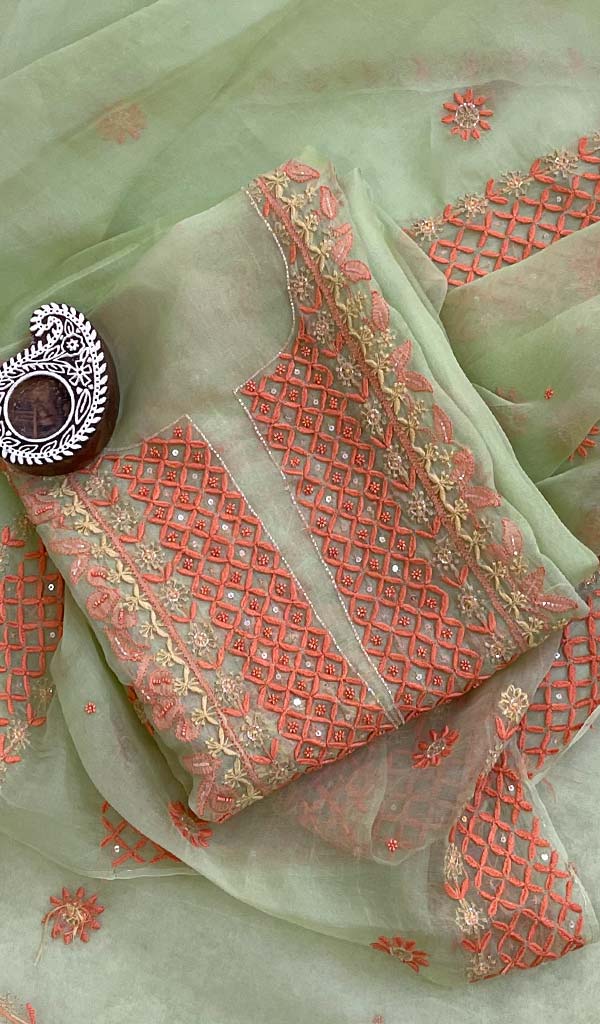 Women's Lakhnavi Handcrafted Pure Organza Chikankari Unstitched Kurta And Dupatta  Set - Honc0124975