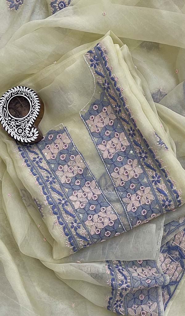 Lakhnavi 手工制作纯欧根纱 Chikankari 未缝合库尔塔和杜帕塔套装 - Honc0124981