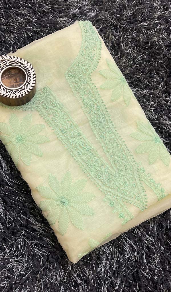 Women's Lakhnavi Handcrafted Organza Chikankari Unstitched Kurti Fabric - Honc0133586