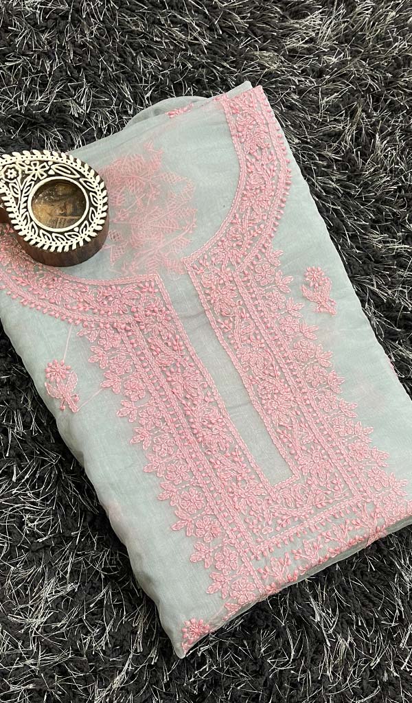 Women's Lakhnavi Handcrafted Organza Chikankari Unstitched Kurti Fabric - Honc0133588