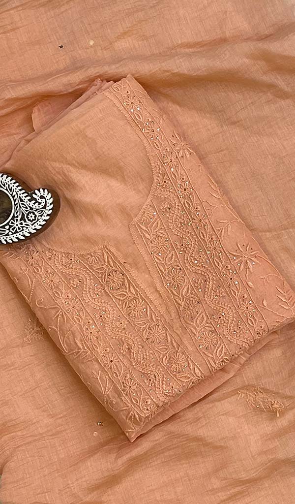 Lakhnavi 手工制作 Mul Chanderi Chikankari 库尔塔和杜帕塔套装 - Honc0120255