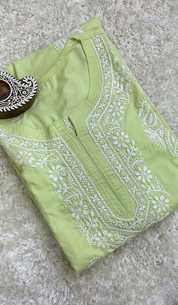 Women's Lakhnavi Handcrafted Mulmul Cotton Chikankari Kurti- HONC0111047