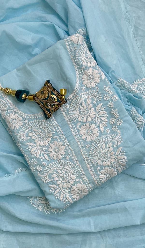 Lakhnavi Handcrafted Cotton Chikankari Kurta With Dupatta Fabric - Honc0136581
