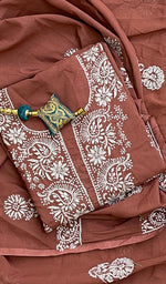 将图像加载到图库查看器中， Lakhnavi 手工制作的棉质 Chikankari Kurta 带 Dupatta 面料 - Honc0133564 