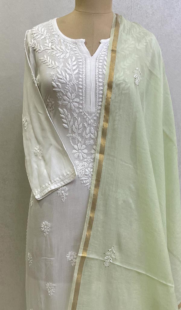 Lakhnavi 手工制作 Chanderi 丝绸 Chikankari Dupatta - Honc0108741