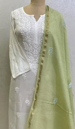 将图像加载到图库查看器中， Lakhnavi 手工制作 Chanderi 丝绸 Chikankari Dupatta - Honc0108752
