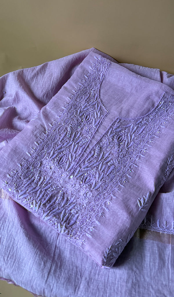 Women's Lakhnavi Handcrafted Mul Chanderi Unstitched Chikankari Full Suit Material - HONC0373757