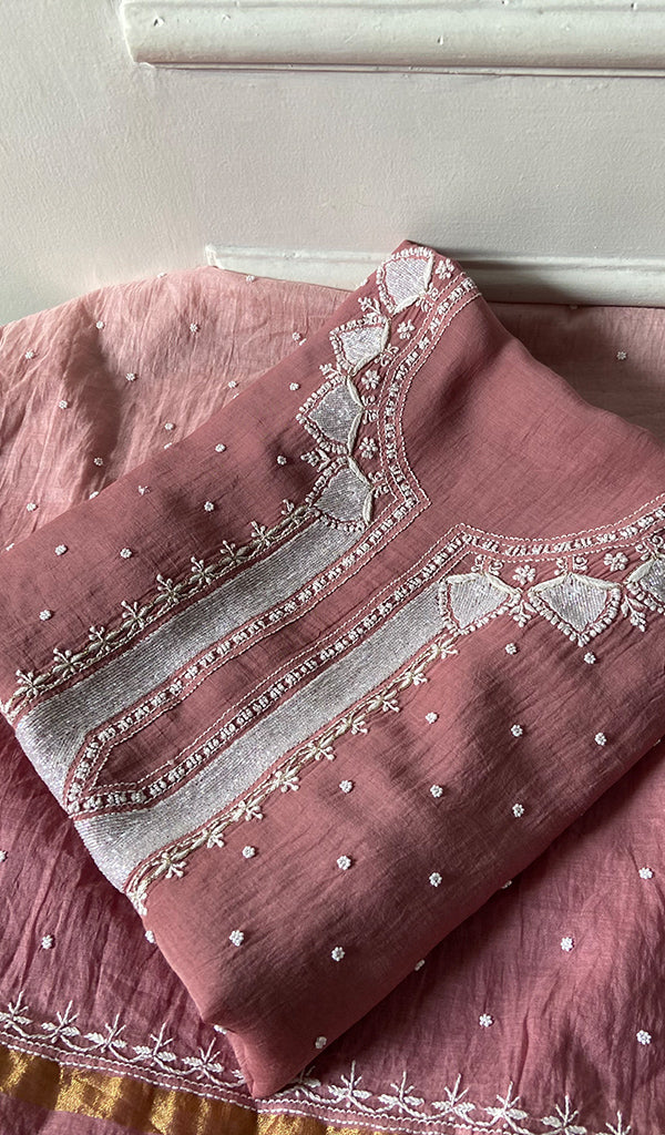 Jazba Women's Lakhnavi Handcrafted Mul Chanderi Unstitched Kurta And Dupatta Set - HONC0495494