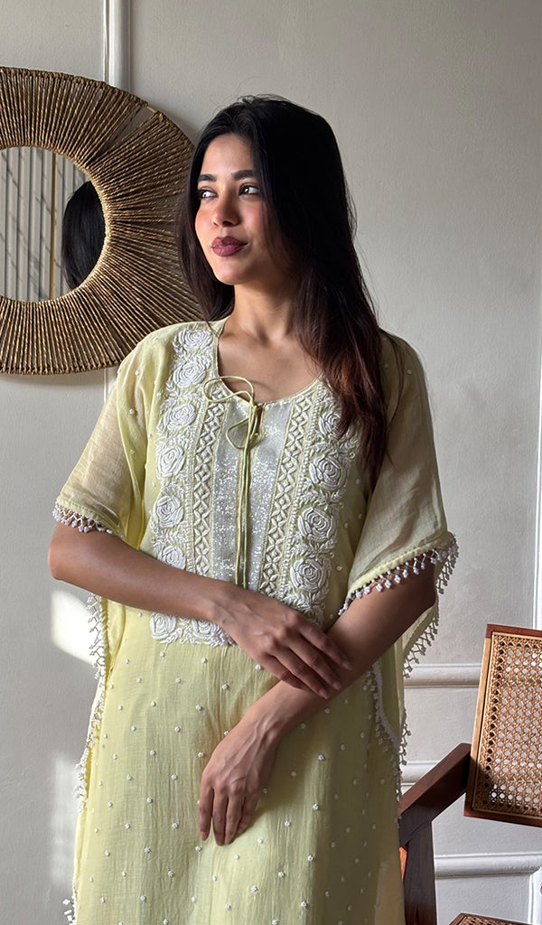 Women's Lucknowi Handcrafted Mul chanderi Chikankari Kaftan - HONC0164615