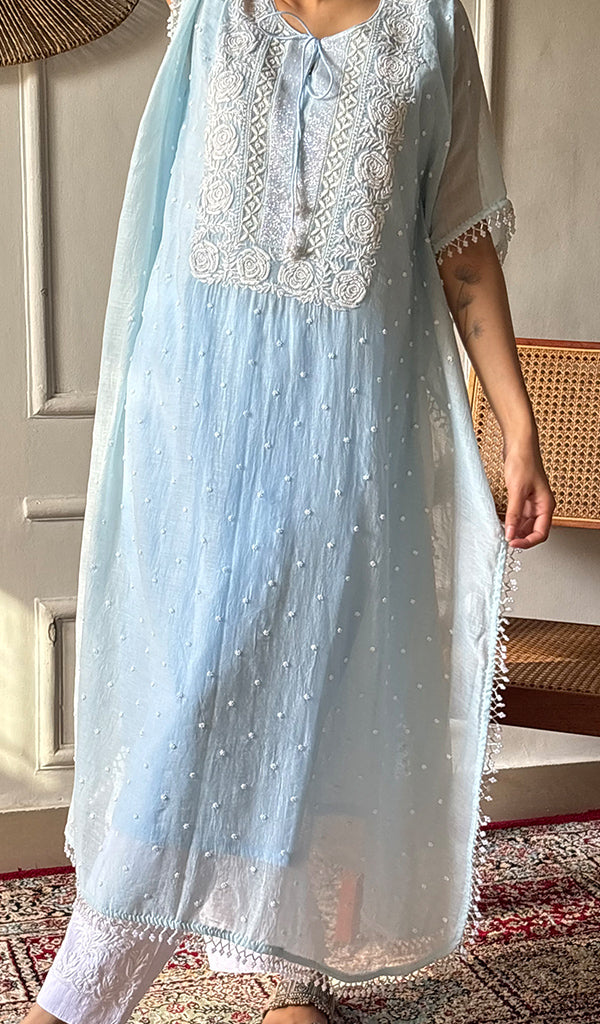 Women's Lucknowi Handcrafted Mul chanderi Chikankari Kaftan - HONC07860458