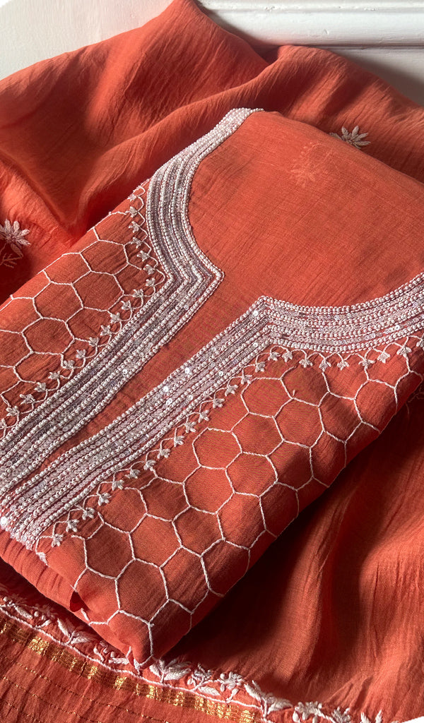 Haaniya Women's Lakhnavi Handcrafted Mul Chanderi Unstitched Kurta And Dupatta Set - HONC0260574