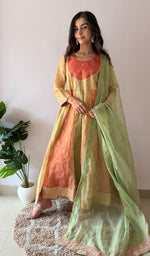 将图像加载到图库查看器中， Women's Lakhnavi Handcrafted Tissue Chanderi Silk  Chikankari Stitched Anarkali , Dupatta And Pant Set - HONC0336837