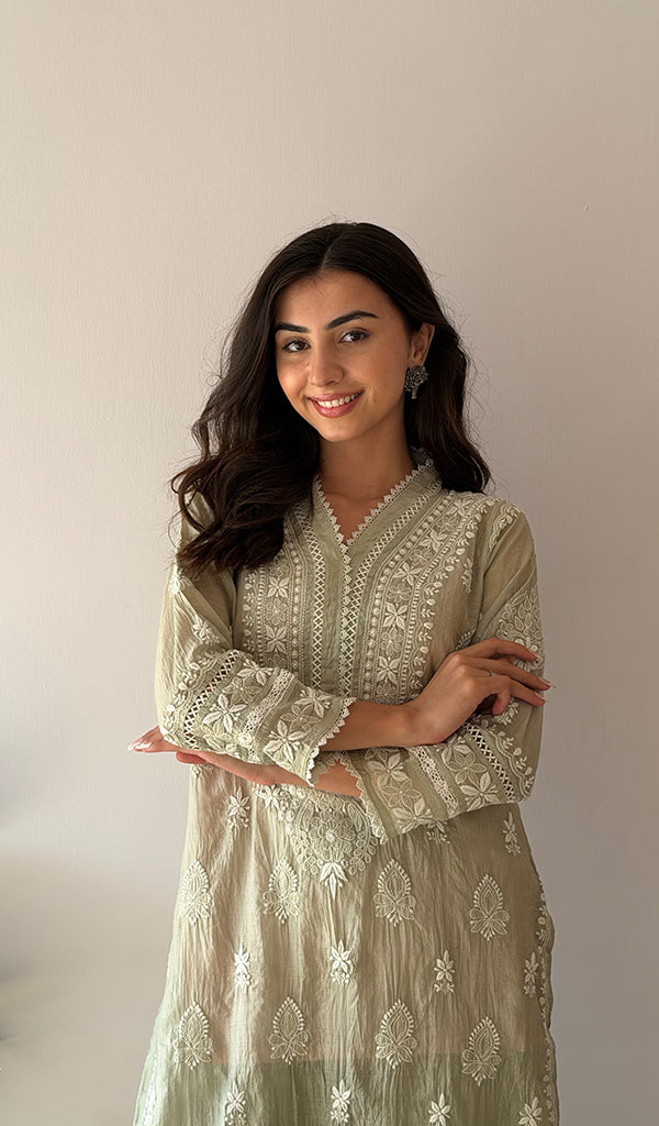 Women's Lucknowi Handcrafted Mul Chanderi Stitched Chikankari Kurta And Plazzo Set- HONC0378820