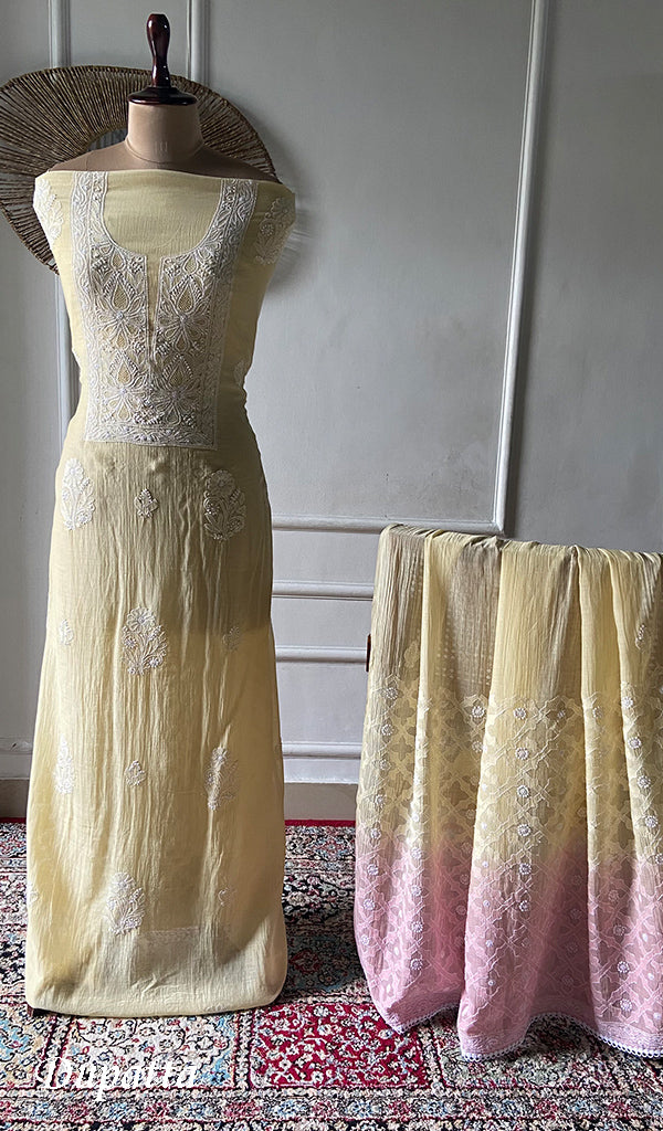 Women's Lakhnavi Handcrafted Mul Chanderi Unstitched Kurta And Dupatta Set - HONC0374246