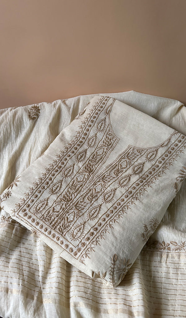 Women's Lakhnavi Handcrafted Mul Chanderi Unstitched Chikankari Full Suit