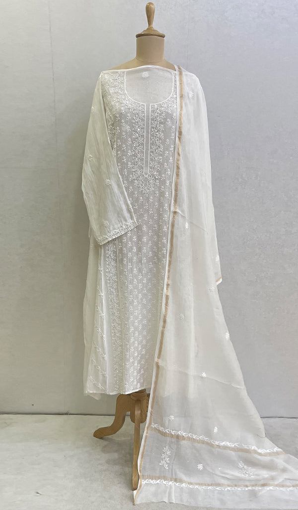 Women's Lucknowi Handcrafted Mul Chanderi Chikankari Semi Stitched Kurta And Dupatta Set- Honc0143019
