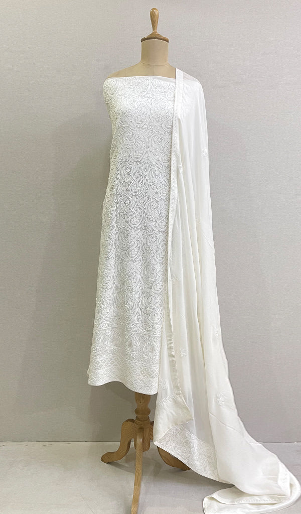Women's Lakhnavi Handcrafted Pure Silk Georgette Chikankari Full Suit Fabric - HONC0177889