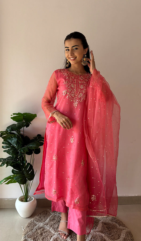 Women's Lucknowi Handcrafted Pure Organza Silk Stitched Chikankari Kurta, Dupatta With Pant Set- HONC0362245