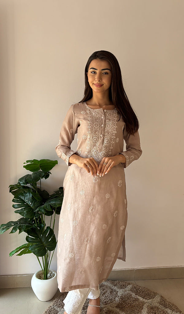 Women's Lakhnavi Handcrafted Maheshwari Mul Chanderi Chikankari Kurti - HONC0357548