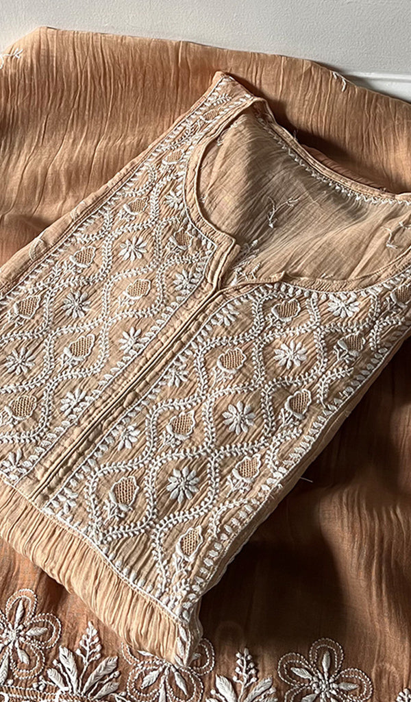 Izana Women's Lakhnavi Handcrafted Mul Chanderi Semi - stitched Chikankari Full Suit Material - HONC0333498