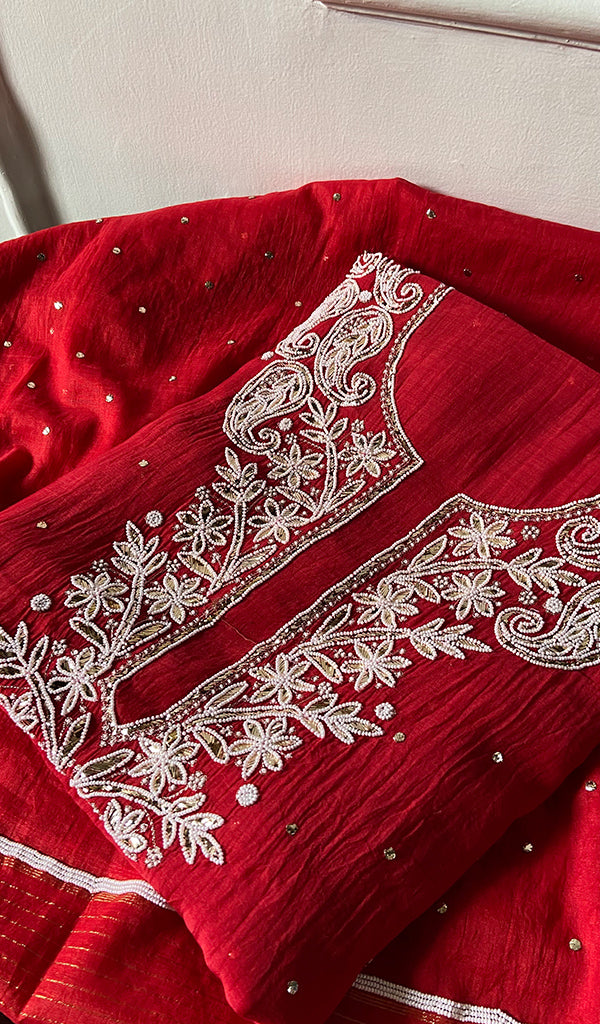 Women's Lakhnavi Handcrafted Mul Chanderi Unstitched Chikankari Full Suit - HONC0362593