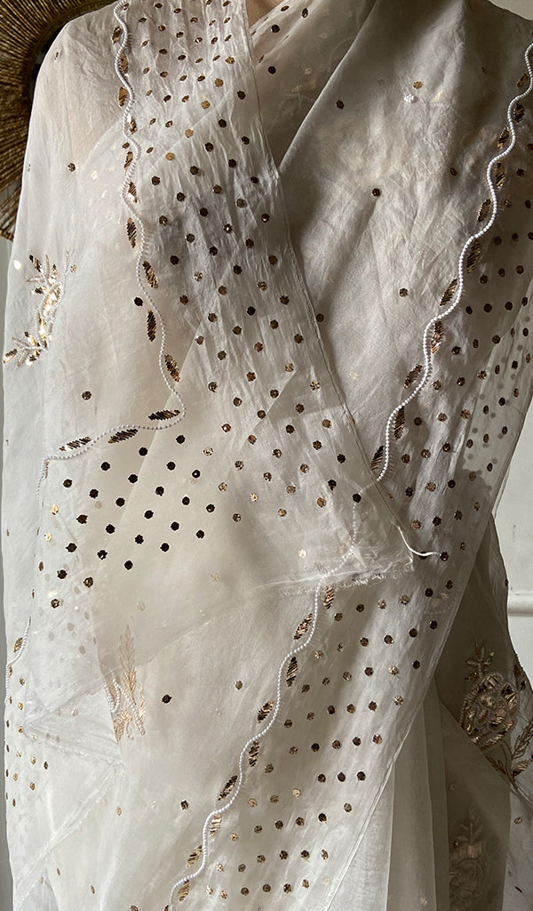 Women's Lucknowi Handcrafted Pure Organza Silk Chikankari Saree - HONC0355016