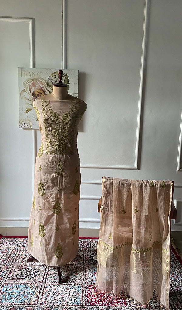 Lakhnavi Handcrafted Chanderi Silk Chikankari Full Suit Material - HONC0321898