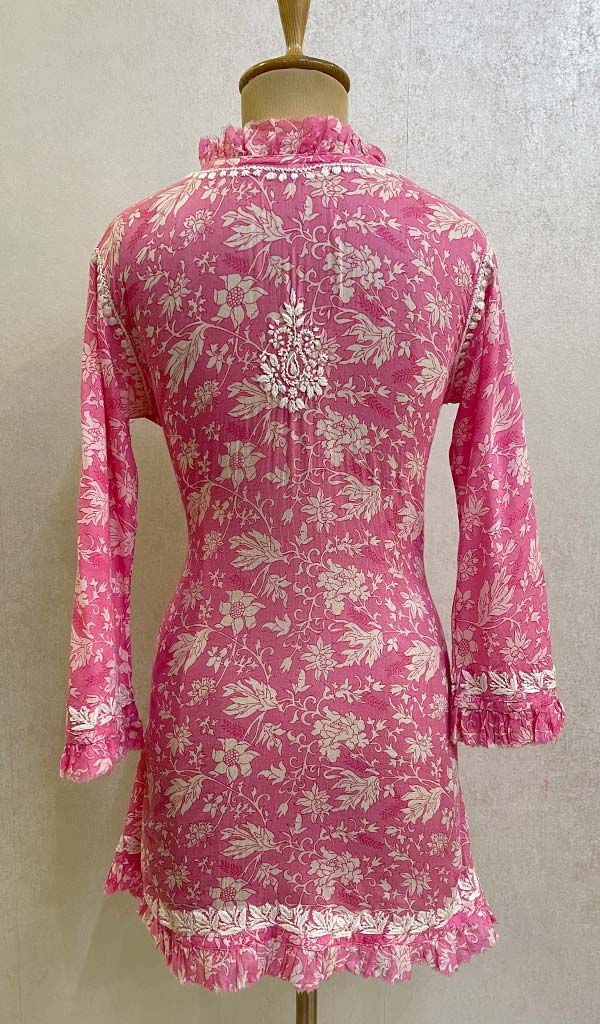 Women's Lakhnavi Handcrafted Printed Mulmul Cotton Chikankari Top - HONC079848