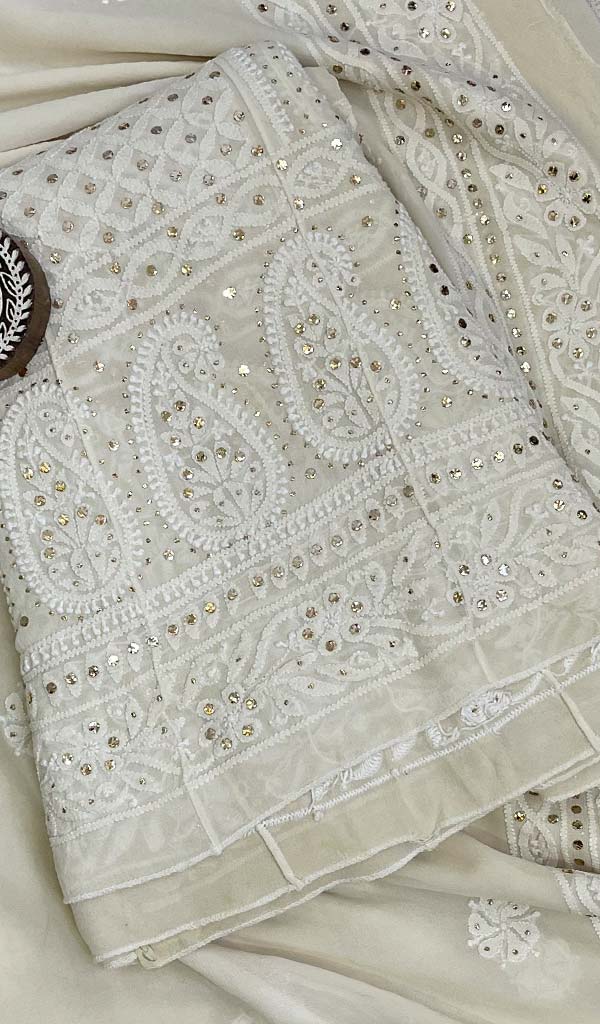 Women's Lucknowi Handcrafted Pure Silk Georgette Chikankari Anarkali And Dupatta Set- HONC0108321