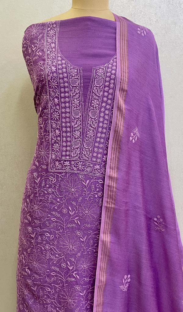 Lakhnavi 手工制作的 Munga 丝绸 Chikankari Kurta 和 Dupatta 套装 - Honc0108288
