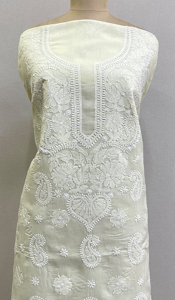 Women's Lucknowi Handcrafted White Cotton Chikankari Unstitched Kurti Fabric - HONC0194860