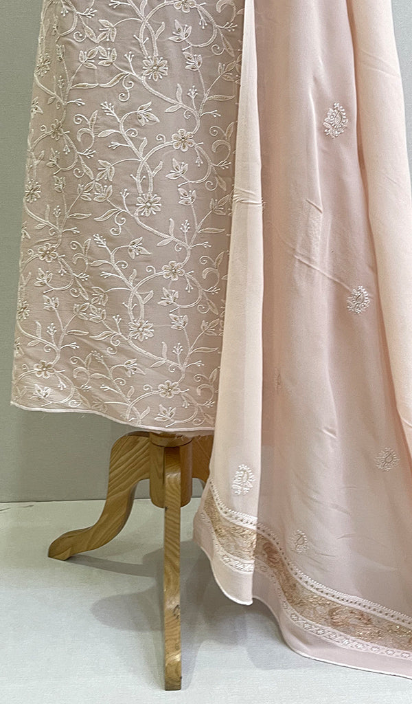 Women's Lakhnavi Handcrafted Pure Silk Georgette Chikankari Full Suit Fabric - HONC0172045