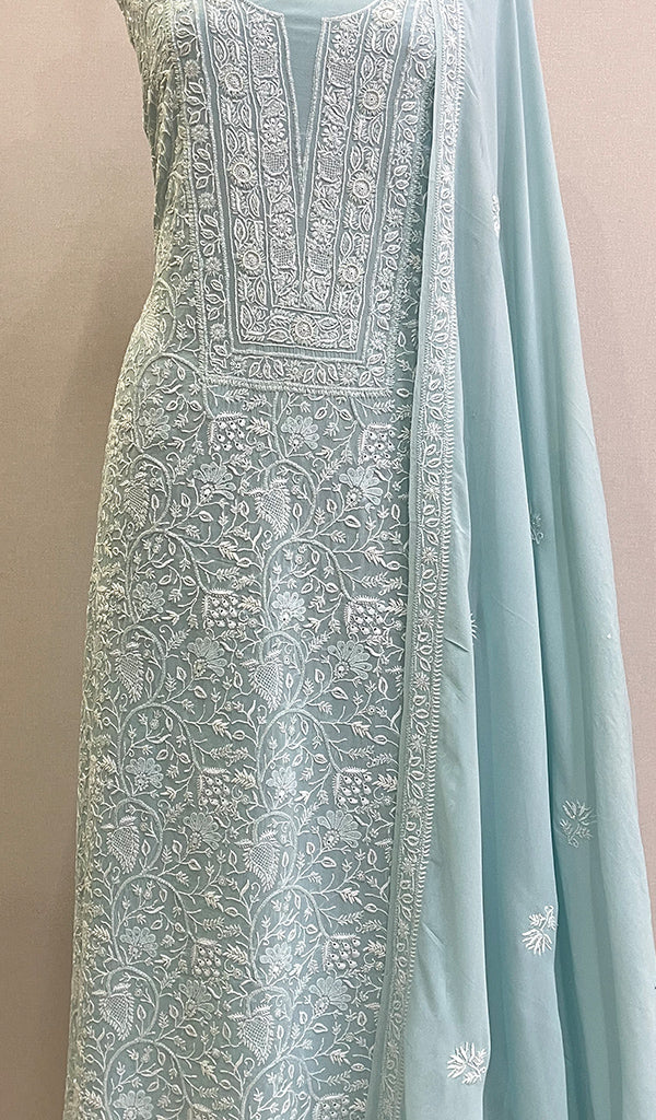 Women's Lakhnavi Handcrafted Pure Silk Georgette Chikankari Kurta And Dupatta Set - HONC0174131