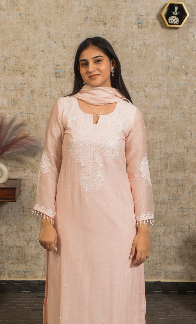 Women's Lakhnavi Handcrafted Mul Chanderi Chikankari Stitched Kurta, Dupatta And Pant Set - HONC0324260