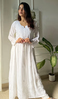 Aarvi Women's Lucknowi Handcrafted Modal Cotton Chikankari Anarkali Dress - HONC0303892